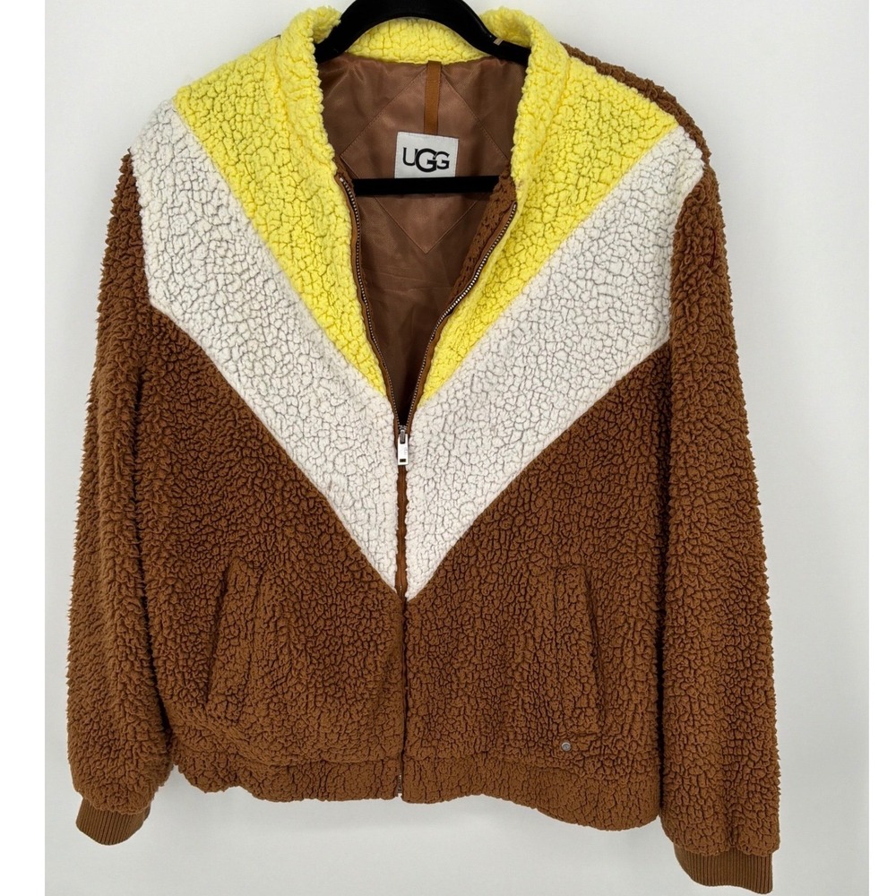 UGG Large Sherpa Fleece Zip Front Jacket Colorblock Cozy Teddy Coat